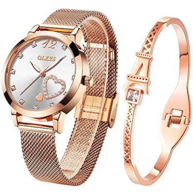 Imagem de OLEVS Relógio feminino minimalista fino para mulheres e conjunto de pulseira simples casual slim vestido grande quartzo analógico relógio de pulso à prova d'água com pulseira de malha