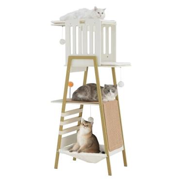 Imagem de FourFurPets Árvore de gato moderna, torre de gato de 149 cm para gatos grandes, Maine Coon árvore para gatos com tábua de arranhar, poleiro grande, rede e almofadas removíveis, branca