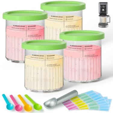 Imagem de GuanQiao Pacote com 4 frascos e tampas de creami deluxe para Ninja, 680 g, compatível com as máquinas de sorvete NC500 NC501 Series, com 5 colheres e 64 etiquetas graváveis, livre de BPA e pode ser
