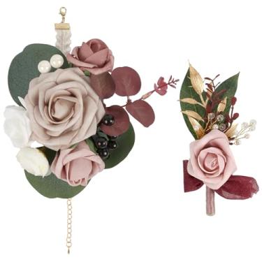 Imagem de ICBOX Conjunto de 2 peças de corpete de casamento e flor na lapela rosa empoeirado rosa rosa corsage pulseira e flor na lapela para homens mulheres noivo noiva dama de honra padrinhos acessório de