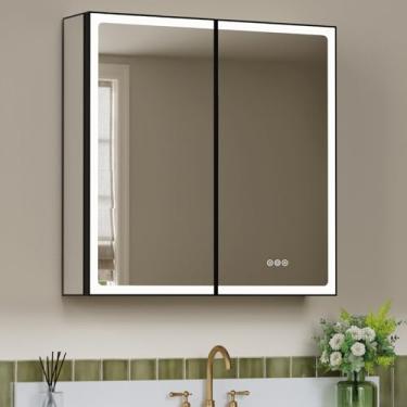 Imagem de Keazile Armário de remédios com iluminação LED de 81 x 81 cm com espelho, armário de remédios embutido ou montado na superfície, antiembaçamento, prateleira ajustável, luz regulável, tomadas e USB