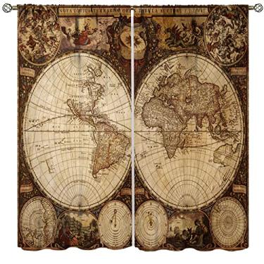 Imagem de Cortinas de mapa do mundo antigo, estilo nostalgia, estilo nostalgia, cortinas blackout para janela, design de bolso para varão, quarto e sala de estar, 2 conjuntos de painéis, 140 x 160 cm. Marrom