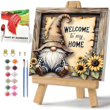 Imagem de Kit de pintura de gnomo por números para adultos iniciantes, pintura de gnomo por números com moldura e cavalete, pintura de artesanato DIY por número para presente decoração de parede de casa 25 x 25