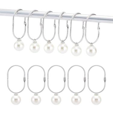 Imagem de NBEADS 20 peças de anéis de cortina de chuveiro de aço inoxidável, ganchos de cortina de chuveiro com pingente de pérola de plástico ABS ganchos de cortina de chuveiro deslizantes lisos para varões de