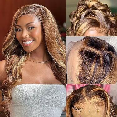 Imagem de Perucas de cabelo humano Highlight Ombre 33 x 10 cm ondulado corporal colorido loiro mel 9A sem cola HD transparente lace frontal perucas para mulheres cabelo humano de densidade 180 pré-arrancado com