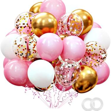 Imagem de Balões rosa balões de látex de 30 cm - ouro cromado metálico e rosa confete com fitas decorativas|Conjunto de balões de festa de ouro rosa premium para decoração de festa de aniversário de meninas