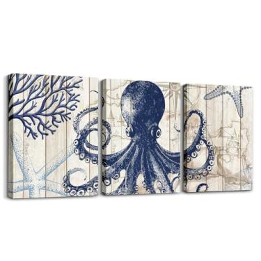 Imagem de jejeloiu Arte de parede em tela de polvo de 3 peças para sala de estar, quarto, animal marinho, arte de parede para decoração de casa, tema oceano, escritório, decoração de parede, pintura vintage