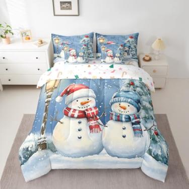 Imagem de Jogo de lençol King King com desenho animado de boneco de neve, pássaro, vermelho, azul, reversível (1 edredom 2 fronhas, 1 lençol de cima, 1 lençol com elástico e 2 fronhas