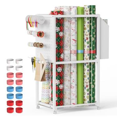 Imagem de Organizador de papel de embrulho com rodas, carrinho de armazenamento de embrulho de presente de metal, organizador vertical de artesanato com 16 faixas para embrulhar rolos de papel, armazenamento de