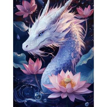 Imagem de VAIIEYO Kits de arte de diamante de dragão 5D DIY para adultos, pintura de diamante de lótus, kit de pintura de diamante, tela de artesanato de strass redonda para decoração de parede de casa