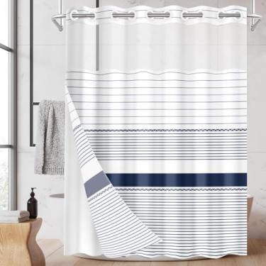 Imagem de Nesphy Cortina de chuveiro boho sem gancho com forro de tecido, tecido moderno listrado azul marinho e branco com duas camadas à prova d'água com janela superior transparente cortina de banho com
