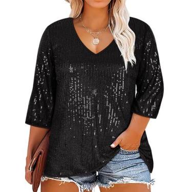 Imagem de Blusa de lantejoulas RITERA Plus Size para mulheres com decote em V e 