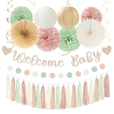 Imagem de Decorações de festa para chá de bebê verde-sálvia rosa e bege - 36 peças, sinal de banner de boas-vindas a casa, lanternas de papel para meninas, guirlanda de serpentina neutra, pompons de tecido