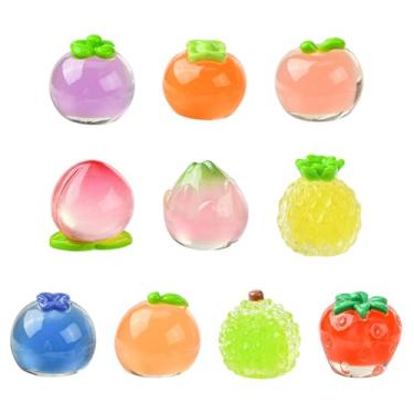 Imagem de Stiesy 10 peças, 10 estilos, 3D, frutas, resina, transparente, amuletos de geleca, caqui, maçã, pêssego, durian, mirtilo, morango, laranja, ornamentos em miniatura para micro jardim, paisagem, casa de
