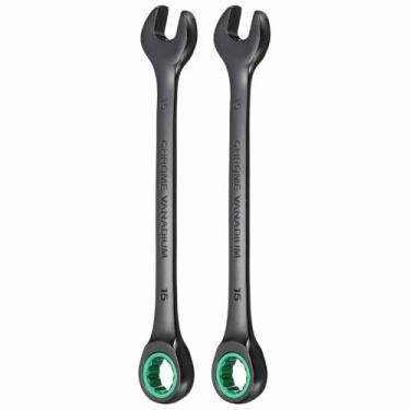Imagem de HARFINGTON 2 peças chave de catraca 15 mm métrica 12 pontos CR-V eletroforese alongamento caixa dupla chave catraca de extremidade aberta com 72 dentes 5° Swing Industrial Grade Spanner