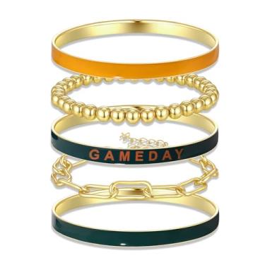 Imagem de VOGUEKNOCK Conjunto de pulseiras de dia de jogo para mulheres, pulseiras douradas empilháveis, clipe de papel, pulseira com contas de futebol, joias, dia de jogo, acessórios para presentes, One Size