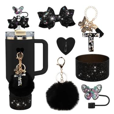 Imagem de Conjunto de 6 peças de acessórios para copo Stanley preto - tampa de cobertura de palha de borboleta, laço brilhante para canudo, bota de silicone brilhante, pingente de letra e pompom para copos