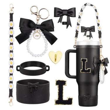 Imagem de Rabrgab Conjunto de acessórios para copos Stanley pretos de 7 peças – topo de palha com laço, pingente de laço fofo, bota de silicone com design de laço, alça de alça de garrafa de água e adesivo de