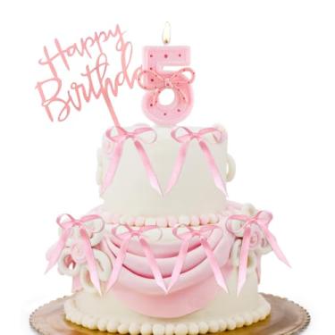 Imagem de Vela de laço rosa número 5 para bolo de aniversário com 6 fitas - Decoração de aniversário rosa grande com glitter de 7 cm para festa de 5 anos, aniversário e artigos de festa de meninas