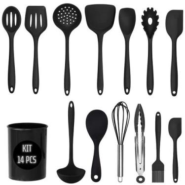 Imagem de Kit Utensilios Cozinha Silicone Jogo 14 Peças Inox Colheres - Mmcomerc