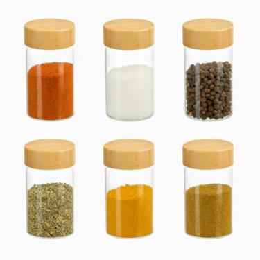 Imagem de Kit 6 Porta Temperos Cozinha Condimentos Pote de Vidro Tampa Bambu Mantimentos