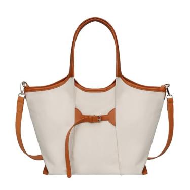 Imagem de Ghsiuly Sacola feminina, bolsa de ombro grande de lona casual de couro sintético para trabalho, escritório, viagens, Bege
