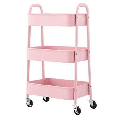 Imagem de LMJYU Carrinho de servir para salão de beleza de 3 níveis com alça, carrinho de cabelo de tatuagem de metal com rodízios, carrinho utilitário rosa para spa de saúde