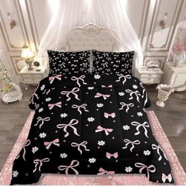 Imagem de Erosebridal Jogo de cama Queen com laço rosa, fofo, floral, para crianças, meninos, meninas, laço kawaii, para decoração de quarto de princesa sonhadora, decoração de quarto feminino