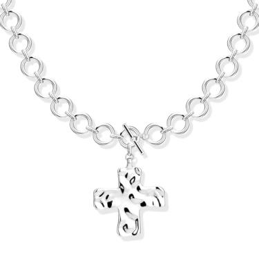 Imagem de Poxtex Colar de cruz grossa para mulheres, colar de ouro 14K / prata com chave, grande, martelado, cruz, joia moderna, grossa, corrente vintage, pingente, pingente, joias, presentes personalizados