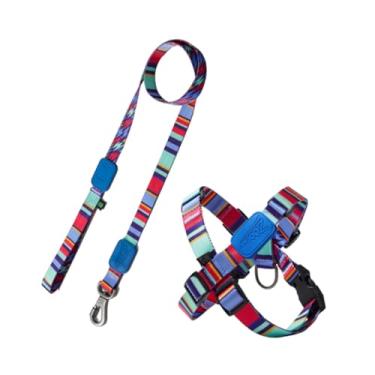 Imagem de Peitoral em X e Guia para Cães, Estampa Raios e Listras, Tamanho G, Azul, com Fivelas Ajustáveis e Mosquetão