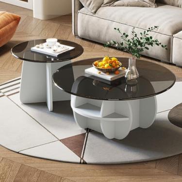 Imagem de Simple Modern Coffee Table set of 2, Glass Tabletop, Thickened Wooden Base, Rounded Corners, Well-shaped Base Design, Suitable for Living Room and Bedroom(White,70 * 35+50 * 40cm/28 * 14+20 * 16in)