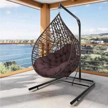 Imagem de Cadeira Balanço Ninho Suspenso Gota – Tramado com Suporte e Almofada Impermeável, Ideal para Varanda, Jardim e Sala de Estar (Tabaco com Marrom)