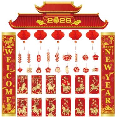 Imagem de Aposwow Decorações de banner de varanda de ano novo chinês 2026, 38 peças envelope vermelho do ano do cavalo 2026 com decorações de lanterna de papel, decoração chinesa de ano novo lunar para