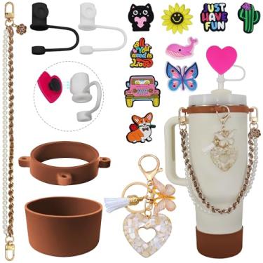 Imagem de DiamondArtZone Conjunto de acessórios de copo para copo Stanley de 850 g e 1,134 g, cordão de alça à prova de queda de garrafa de água, pingentes de bota Stanley Bow Straw Cover Topper, presente para