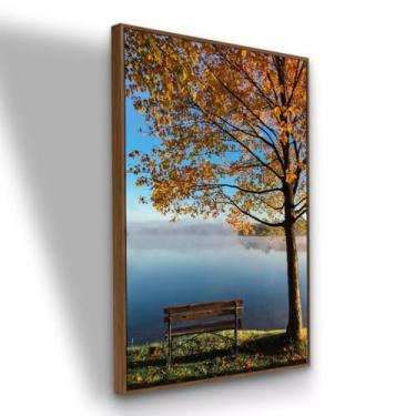 Imagem de Quadro Canvas Paisagem Outono Lago Banco Árvore Natureza Tranquila 90x60 cm com Moldura Avelã Marrom Escuro