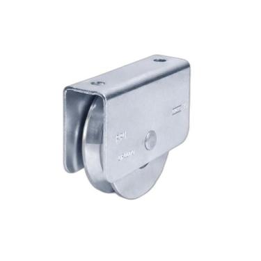 Imagem de Roldana em aço 4" canal (v) com suporte e rolamento porta portao ferro