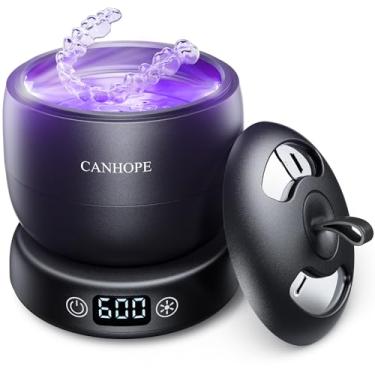 Imagem de CANHOPE Limpador de retentor ultrassônico, profissional de 42 kHz para dentaduras, alinhadores, protetores de boca, joias - IPX7 à prova d'água durável base removível e tampa superior, 3 configurações