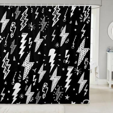 Imagem de Homewish Cortina de chuveiro Lightning – Banheira de raio desenhada à mão para crianças, meninos, Thunderbolts, à prova d'água, banheiro com 12 ganchos, adequado para banheira, 182 cm L x 213 cm C