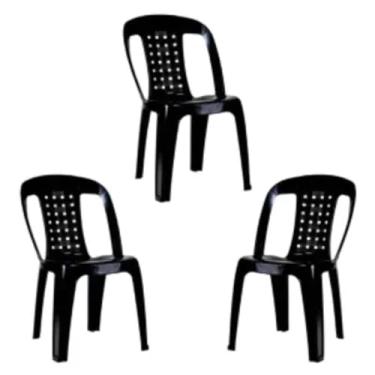 Imagem de Kit 3 Cadeiras de Plástico Preta Com Encosto Vime Empilhável