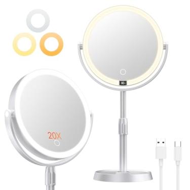 Imagem de Gospire Espelho de maquiagem iluminado de 20 cm com luzes e ampliação, espelho de aumento de 20 x com luz para mesa de maquiagem, altura ajustável e display digital, espelho de barbear para banheiro