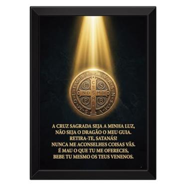 Imagem de Quadro Medalha de São Bento Iluminado Fundo Preto (Moldura Preta, 30x42cm)