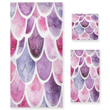 Imagem de xigua Conjunto de toalhas de banheiro com escamas de sereia em aquarela absorvente macio 3 peças toalha de banho toalha de mão toalhas decorativas para banheiro, academia, hotel, praia, piscina
