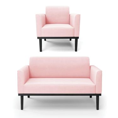 Imagem de Conjunto Poltrona E Namoradeira Decorativa Pés Fixo Em Madeira Preto Suede Rosa Bebê