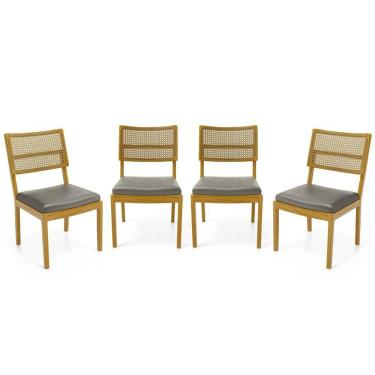 Imagem de Kit Com 4 Cadeiras Milena Madeira Maciça Assentos Estofados Encostos De Tela Palha Sextavada Veludo Chumbo 109