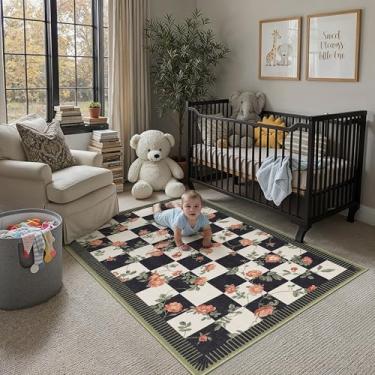 Imagem de HUGEAR Tapetes quadriculados 7 x 12 cm, lavável na máquina, preto e branco, tapete para sala de estar, estampa floral, antiderrapante, resistente a manchas, tapete interno para quarto, casa, estética