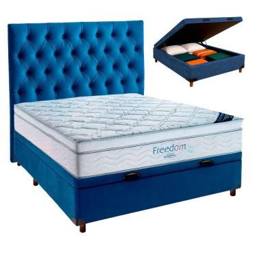 Imagem de Cama Box Baú Azul + Colchão Casal Freedom Ortobom E Cabeceira