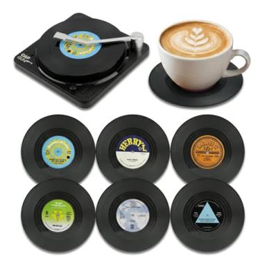 Imagem de Conjunto de porta-copos de vinil retrô engraçado com base para toca-discos, porta-copos com tema musical de 6 peças para proteção de mesa e presente