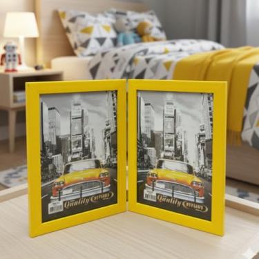 Imagem de Porta Retrato Duplo Vertical 15x21 Moldura de Madeira Amarelo com Vidro