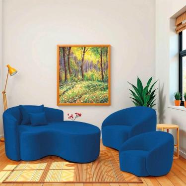 Imagem de Kit Recamier Curvo Sala De Estar 150cm Lado Direito E 2 Poltronas Orgânica Amore Linho Azul Royal