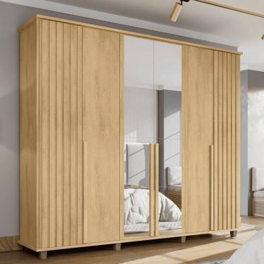Imagem de Guarda-roupa Casal França 6 Portas com Espelho e Detalhe Ripado com 3 Gavetas Internas Cinamomo
